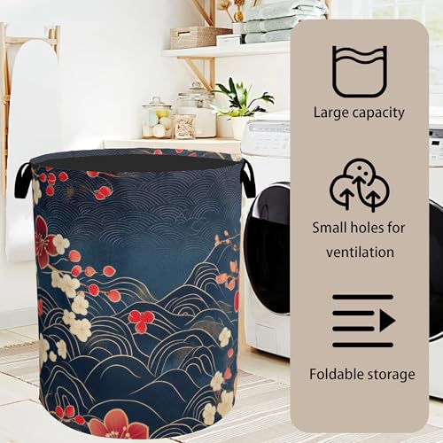 Japanese Cherry Blossom Laundry Basket, Blue Large Clothes Hamper Bag with Handles, Space Saving Foldable Design for Nursery - color: Japanese Wave Cherry Blossom