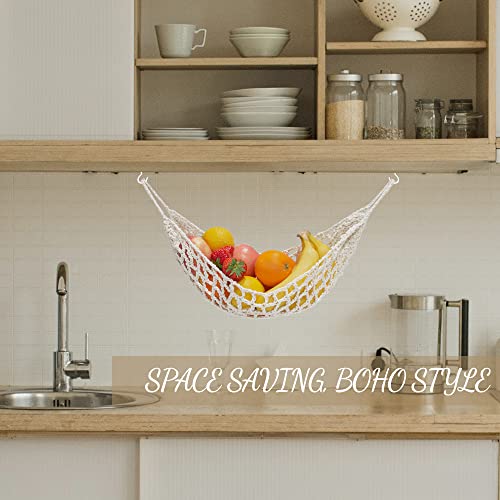 Fruit Hammock for Kitchen Under Cabinet Fruit Basket Hanging Handwoven Cotton Macrame Basket Boho Decor Storage Save Counter Space for Home Camper RV (Off-white)