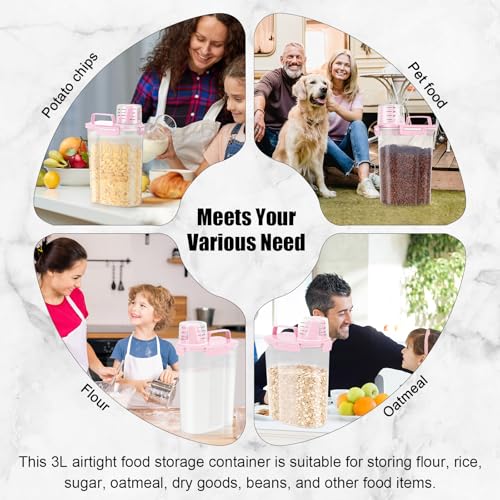 LEAWALK Airtight Rice Storage Container, Cereal Dry Food Flour and Sugar Bin, Dog Cat Food Dispenser with Measuring Cup, BPA Free Clear Plastic Kitchen (Pink x 2, 3L-2pack) - color: Pink x 2, size: 3L-2pack
