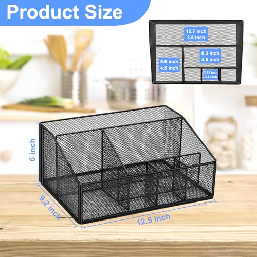 Paper Plate Holder for Countertop,Paper Plate Dispenser,Metal Silverware Caddy with 6 Compartments,Picnic and Camping Utensil Holder for Plates Cups Napkins Forks Knives Spoons-Black