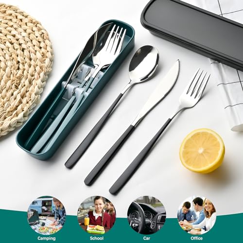 Travel Utensils with Case, 4pc Reusable Utensils Set with Case, Camping Utensil Set, Portable Silverware Lunch Utensils Set for Work Camping School (Green) - color: Green