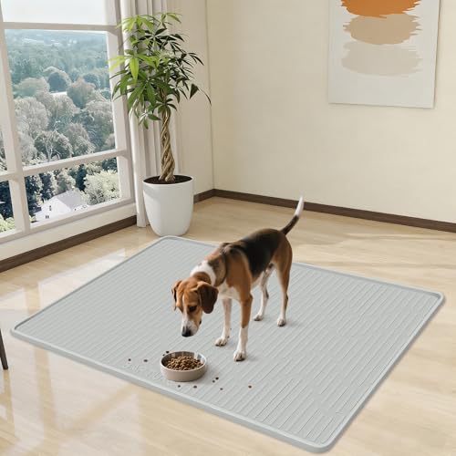 Silicone Cat & Dog Food Mat, 28" x 22" Large Pet Feeding Mat for Cats and Dogs Bowl, Pet Placemat for Food and Water with Raised Edge, Waterproof, Leakproof (Grey) - size: 28"x22"