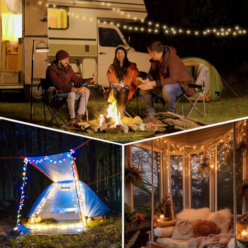 Solar Camping String Lights, 4 in 1 Camping String Lights Outdoor(39.4ft) with 8 Lighting Modes, Solar Powered and USB Rechargeable Light with Remote Control for Camping, Yard and Hiking