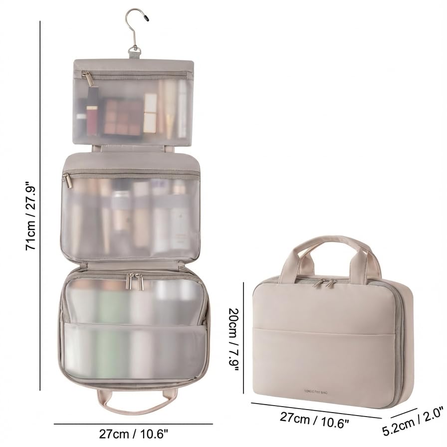 Voyage Living Hanging Travel Toiletry Bag for Women, 3-Tier Makeup Organizer, Large Capacity Waterproof PU Leather Cosmetic Case, Travel Essentials (Mist Rose)
