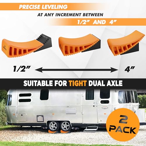 CARMTEK Camper Leveler 2-Pack Kit | Fit Curved RV Levelers with Wheel Chocks for Tight Dual Axle Trailers | Faster RV Leveling System Than RV Leveling Blocks | RV Accessories for Travel Trailers - color: 2-Pack