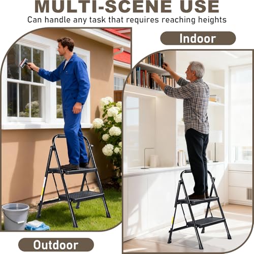 Valeo 2 Step Ladder, 2 Step Ladder for Adults with with Safe-Lock Design, Wide Anti-Slip Pedal, 500lbs Sturdy Steel Ladder, Step Stool Foldable with Cushioned Handle,Black - style: 2 Step Ladder