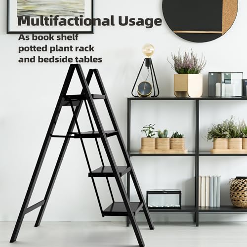HillhutApex 4 Step Ladder, Lightweight Foldable 4 Step Stool with Anti-Slip Wide Pedal, 330lbs Capacity Aluminum Ladder for Household,Office,Garage(Black) - color: Black, size: 4 Step