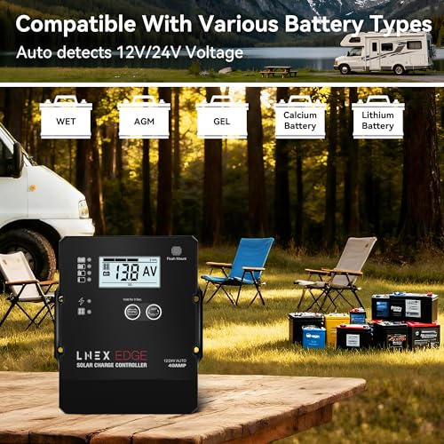 LNEX Solar Charge Controller with Flush Mount Design, 6 Stage Charging with LCD Display 12V/24V Auto PWM Controller 40A for LiFePO4, AGM, Gel, Flooded and Lithium Battery - style: 40A Flush Mount