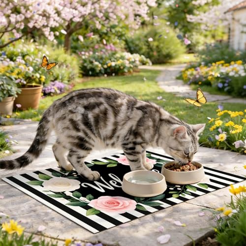 HOMETITUTE Pet Feeding Mat Black White Stripe Pattern 20" x 12", Welcome Sign Flower Design Non Slip Dog Cat Food Mat, Easy Clean Fast Dry Absorbable Pet Bowl Mat for Food and Water - color: colorful9