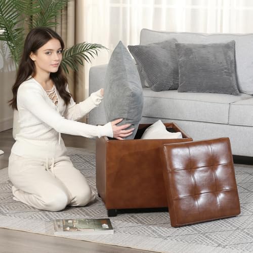 Adeco 17 inch Square Storage Ottoman with Reversible Tray Top, Cognac Brown Faux Leather Footrest Stool & Coffee Table for Living Room, Bedroom - color: Cognac Brown Leather – Upgraded Version