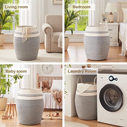 OIAHOMY Laundry Hamper Woven Cotton Rope Large Clothes Hamper 25.6" Height Modern Curve Basket with Extended Cotton Handles for Storage Clothes Toys in Bedroom, Bathroom, Foldable (White & light grey) - color: White & light grey