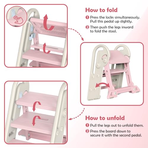 Onasti Foldable Step Stool for Kids & Toddlers, 3 Step Convertible to 2 Step with Handles, Training Stool for Bathroom Sink & Kitchen Counter, Non-Slip Stable Step Stool for Growing Children- Pink - color: Baby Pink
