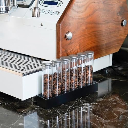 watchget Coffee Bean Container 6PCS Silver Coffee Bean Cellars Tubes Single Dose Coffee Bean Storage with One-Way Exhaust Valve & Black Stand & Silicone Funnel- Organized Storage Solution - color: Silver Aluminum Lid 6PCS