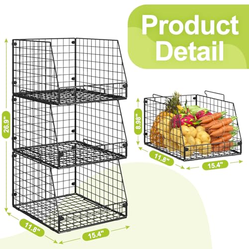 Jakyitvi 3 Pack XXL Stackable Wire Baskets, Large Storage Bins for Onion, Potato, Vegetable, Fruit, Snack, Pantry Baskets for Kitchen Cabinet Countertop, Pantry Organizers and Storage Solutions - size: 3 Pack
