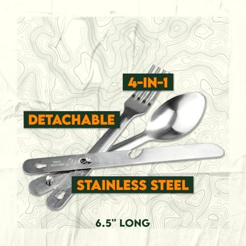 SE 4-in-1 Detachable Stainless Steel Utensil Set - Spoon, Fork, Knife, Bottle Opener - 6.5" Length, Compact for Camping, Hiking, Travel - Includes Clear Pouch - KC7043FSK