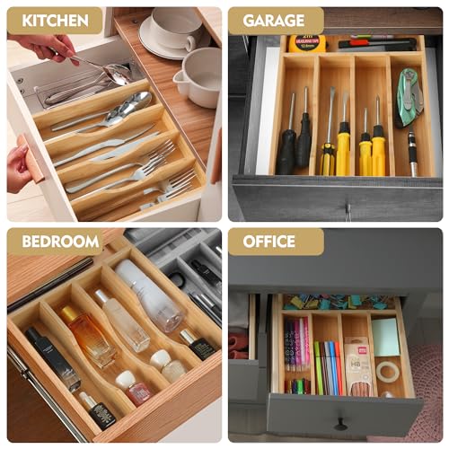 Upassion Bamboo Kitchen Drawer Organizer, 8.25 Inch Utensil Organizer Silverware Utensil Holder for Samll Drawer, Silverware Organizer for Cutlery Knives, Natural - size: 8.25 x 13 inch (5 Slots)