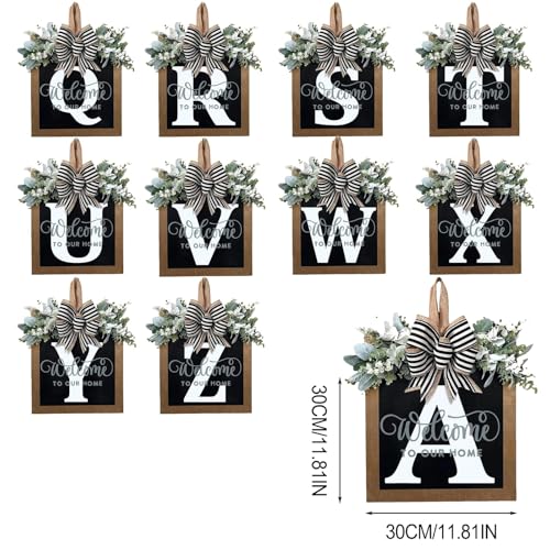 Last Name All Year Round Front Door Wreath with 26 Initial Letter Welcome Sign All Seasons Eucalyptus Garland and Bow ,Farmhouse, Porch, for Spring Summer Fall All Seasons Holiday Halloween Christmas.(E) - color: E