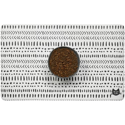 The Cat Ladies Cat Feeding Mat - Waterproof & Dishwasher Safe Small Pet Eating Placemat - Cat & Dog Food Mats for Food and Water Bowl - Protect Floors from Mess - Tribal Print - color: Black and White Tribal