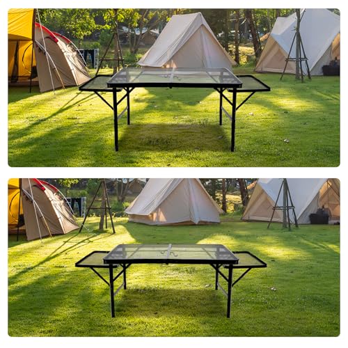 BRIAN & DANY 3x2 FT Camping Table with 2 Wing Panels, Folding Grill Table, Metal Portable Picnic Table, Lightweight Height Adjustable Foldable Table for Outdoor, Black - size: 4.4x2FT