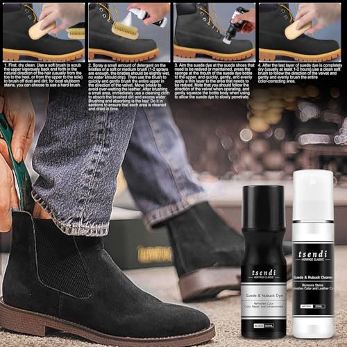 Nubuck & Suede Dye Black – 2-in-1 Cleaner & Color Restorer with 3 Brushes & Applicator – Renew Faded Shoes, Boots, Jackets, Purses, Car Seats, Furniture – Complete Suede Care Kit 3.4oz