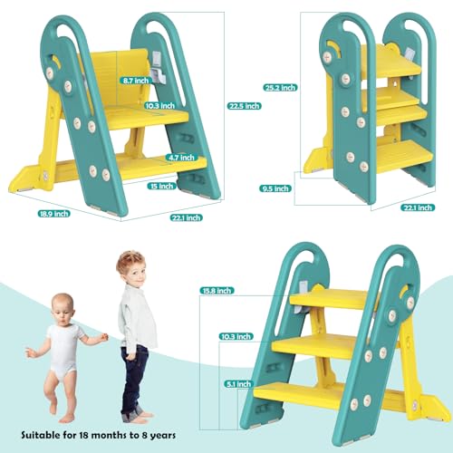 Onasti Folding Step Stool with Adjustable Height, 3-Step Converts to 2-Step, Sturdy Anti Slip Bathroom Step Stool for Toilet, Bathroom Sink, Kitchen Counter, Space Saving Design for Home Use- Green - color: Green Yellow
