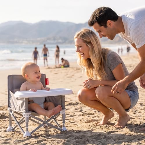 Tiny Marvels Baby Chair, Portable & Foldable for Travel & Beach, Ages 6M-3Y | BPA-Free Material, 3-Point Harness, 3-in-1 Baby Chair, Removable Tray & Carry Bag, Sturdy with Reinforcement, Non-Slip Feet - color: Grey