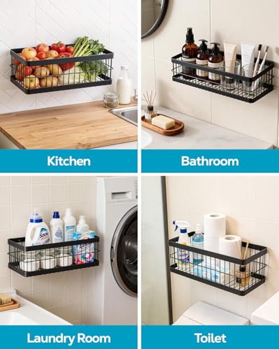 Nieifi Hanging Fruit Basket 4 Pack, Wall Mounted or Adhesive Kitchen Storage Baskets with Hooks Rack & Paper Towel Holder for Pantry, Fruit & Vegetable Storage