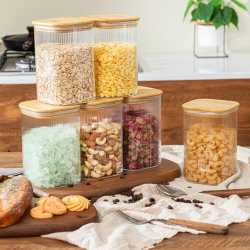 D2scrma 37oz Airtight Glass Square Storage Canisters with Bamboo Lids Set of 4 (1100ml) Striped Stackable Containers, Decorative Kitchen Jars for Tea, Nuts and Coffee (with Black Lable) - size: 37oz*4(Striped)