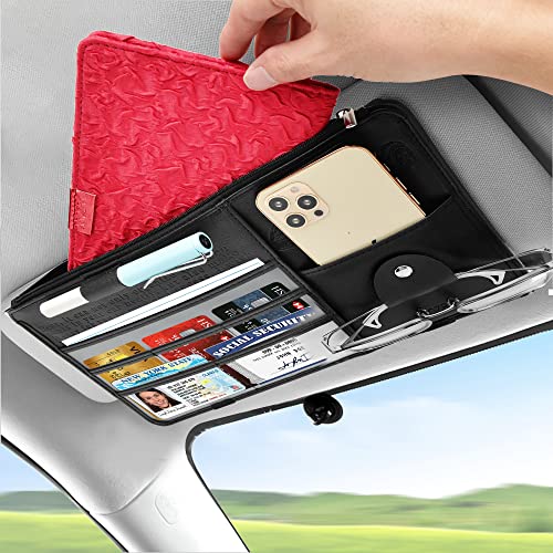 Leather Car Sun Visor Organizer for Cars, Trucks & SUVs: Features Sunglasses Holder, Secure Zipper Pockets, and 6 Clear Windows for Registration, Driver's License, and Insurance Card(black)