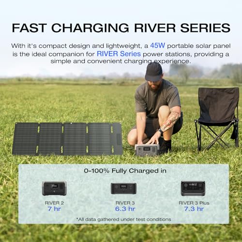 EF ECOFLOW Solar Generator RIVER 3 Plus with 45W Solar Panel, 286Wh Portable Power Station LiFePO4 Battery, 3 Up to 1200W AC Outlets, <10 MS UPS, Expandable to 858Wh, <30 dB Quiet, 1Hr Fast AC Charge - style: RIVER 3 Plus+ 45W Solar Panel