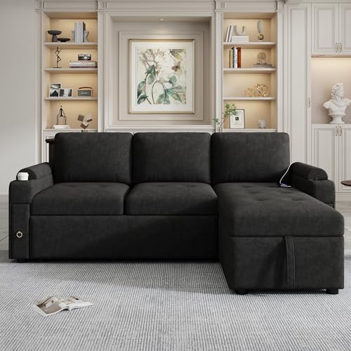 83.5" L-Shaped Foldable Sofa Couch, Modern Chenille Pull Out Couch with UAB, Convertible Love Seat Sofa Bed with Adjustable Back and Pillow for Living Room, RV, Small Spaces (Black, 83.5") | Modern Chenille - color: Black, size: 83.5"