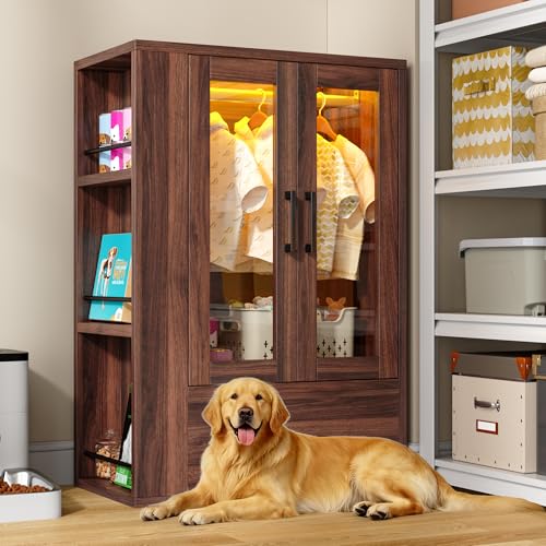kepptory Pet Wardrobe Closet with LED Light, Side Storage Shelves & Drawer, Walnut Pet Clothes Organizer Cabinet with Hanging Rod, Multi-Functional Pet Closet for Dogs & Cats Clothing, Toys | Walnut Pet Clothes Organizer Cabinet with Hanging Rod, Multi-Fu