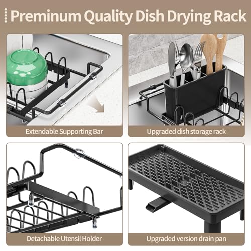 SanDream Dish Drying Rack, Small Over Sink Dish Drying Rack, Expandable Over the Sink Dish Drying Rack with Drip Tray for Kitchen Counter & in Sink - color: Deepblack