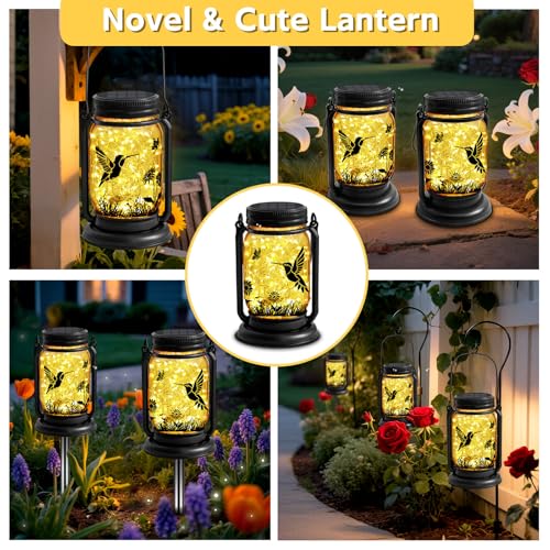 Hummingbird Solar Lanterns 3-in-1 Outdoor Waterproof - Birthday Gifts for Women Mom Christmas, Mason Jar Hanging Lanterns with Stake, Garden Decor Lights for Patio Yard Porch Lawn Balcony Decorations - style: Hummingbird