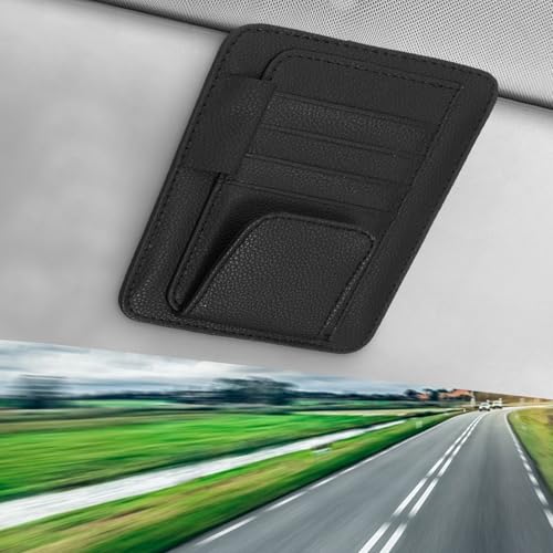 Small Leather Car Sun Visor Organizer with Storage Pouch & Sunglasses Clip, Auto Card Holder Registration/Insurance Slot, Credit Card Pockets, Automotive Interior Organizer for Cars Sun Visor(Black)
