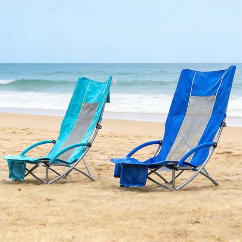 Romswi Compact High Back Beach Chair, Lightweight Low Seat Travel Chair, Beach Chair Fits in Suitcase, 400lbs Heavy Duty Folding Camping Chair with Cup Holder & Pocket, Green - color: Green - High Back