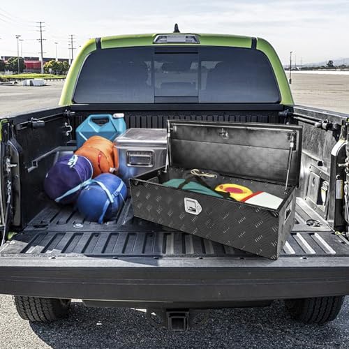 Black 39 Inch Truck Chest Tool box Heavy Duty Aluminum Stripes Plated Pick Up Truck Bed Box Waterproof RV Trailer Toolbox Storage with Side Handle and Lock Keys –39"x13"x10" - color: Black, size: 39"x13"x10"