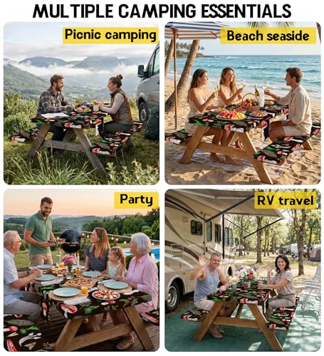 Fitted Picnic Table Cover with Bench Covers Vinyl Waterproof Elastic Edges Fitted Rectangle Table Cloth Patio Tablecloth Camping Essentials Rv Gear Accessories Road Trip Supplies Car Travel Must Have - color: Black Red Mushrooms, size: 72in