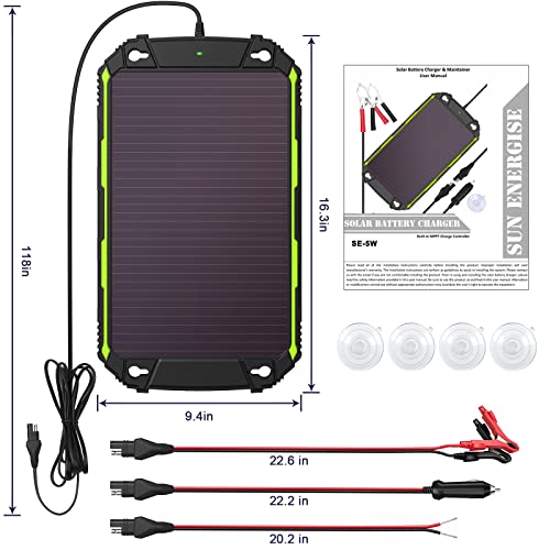 Sun Energise 5W 12V Solar Battery Charger Maintainer PRO, Built-in Smart MPPT Charge Controller, Waterproof 5 Watt 12 Volt Solar Panel Trickle Charging Kits for Car Boat RV Marine Trailer Camper