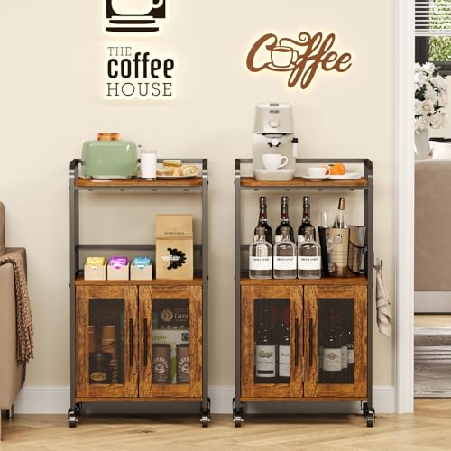 Hencawima Small Coffee Bar Cabinet with Storage, 3-Tier Rolling Coffee Bar Table, Farmhouse Coffee Cart Station with 2 Doors for Living Room, Dining Room, Rustic Brown - size: Small