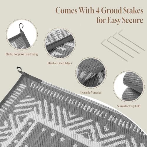 OMERAI Reversible Waterproof Outdoor Rug for Backyard,Plastic Textured Resistant Outdoors Rugs,Portable Washable Easy Cleaning Foldable Camping Beach Carpet for Patio Courtyard, 6'x9' Gray & White