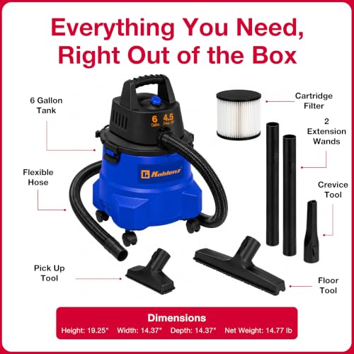 Koblenz WD-6 L212 Wet Dry Vacuum Cleaner, 6 Gallon, 4.5 PHP, 3-in-1 Suction & Blower, 16 ft Reach, Big Cleaner for Car, Shop Vacuum Wet and Dry, Swivel Casters, Black/Blue - size: 6 Gallon 4.5 HP