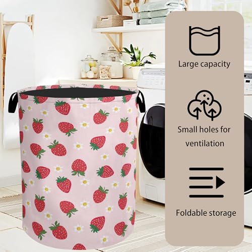 Cute Pink Strawberry Laundry Basket, Extra Large Foldable Hamper for Bathroom/Laundry/Bedroom/Dorm, Washable Fabric Storage Bin with Handle - color: Cute Pink Strawberry