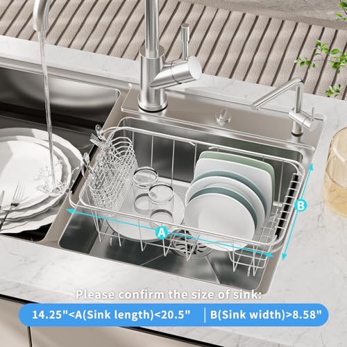 JAQ Over Sink Dish Drying Rack for Small Sink, Compact Expandable 14.25"–22.44", Adjustable 304 Stainless Steel Dish Drainer with Utensil Holder, Space Saving for Small Kitchen - size: 304 Stainless Steel - 9 dishes