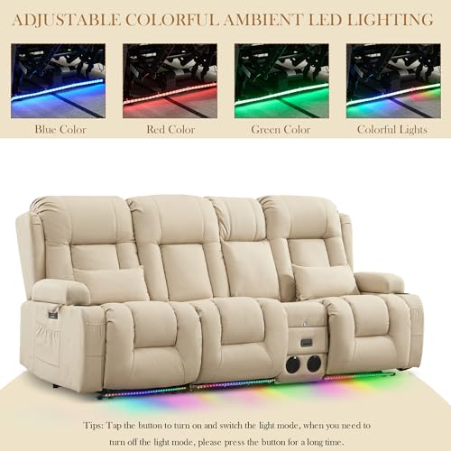 TUNYI Power Loveseat Recliner Sofa with Massage & Heat Home Theater Seating with Console RV Recliner Loveseat Sofa with USB/Storage/Side Pocket/LED Light/Speaker (Beige, 3 Seat with Console) - color: Beige, size: 3 Seat with console