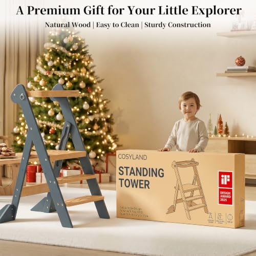 COSYLAND Foldi Foldable Toddler Kitchen Stool - Adjustable Height Toddler Standing Tower with Net & Safety Feet, IF Award-Winning Wooden Learning Step Tower for 18M-6Y, Slate Blue & Natural - color: Slate Blue & Natural