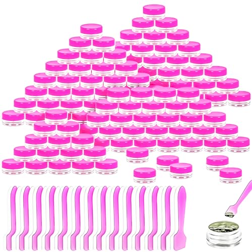 100 Pcs 3g Empty Plastic Containers with Lids,Tiny Makeup Sample Containers, Small Pot Jars Pink Round Cosmetic Jars with 20 Pcs Mini Spatulas for Liquid Sample Powder Creams (Pink Lid) - color: Pink, size: 100PCS