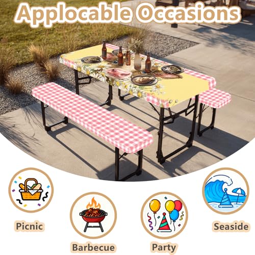 Picnic Table Cover with Bench Covers Elastic Edges, Outdoor Patio Camping Essentials 72 Inch 3PCS, Waterproof Camping Fitted Tablecloth with Handbags (Pink check daisy cow) - color: Pink checkered cow, size: 72" x 30" (Rectangular)