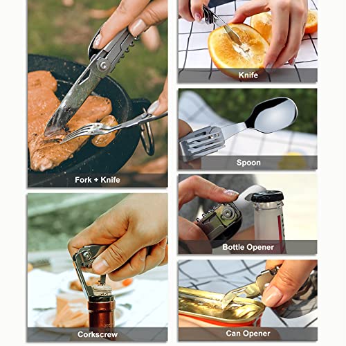 6 in 1 Detachable Camping Utensils Flatware Set, Multifunction Travel Pocket Cutlery Folding Spoon, Fork, Knife, Wine Bottle Can Opener Portable Combo Set Stainless Steel