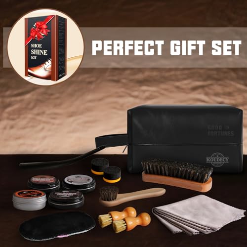 Shoe Shine Kit for Men & Women, 16Pcs Black Shoe Polish Kit for Leather Boots Care, Mens Gifts Ideas